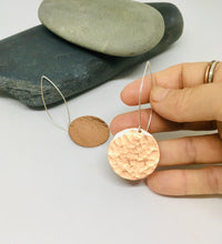 Load image into Gallery viewer, Hammered copper disk large, sterling silver ear stem, long drop