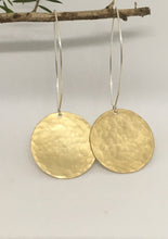 Load image into Gallery viewer, Hammered brass disk large, with sterling silver ear stem, long drop