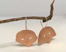 Load image into Gallery viewer, handcrafted handcut copper earrings, designed and created as wearable art. Handmade sterling silver ear hooks. Boy/Girl theme design