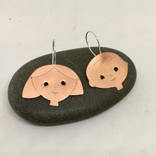 Load image into Gallery viewer, handcrafted handcut copper earrings, designed and created as wearable art. Handmade sterling silver ear hooks. Boy/Girl theme design