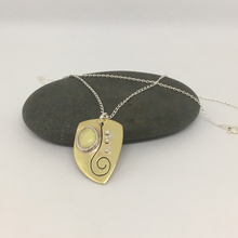 Load image into Gallery viewer, Brass pendant with Serpentine stone and sterling silver, sterling silver chain
