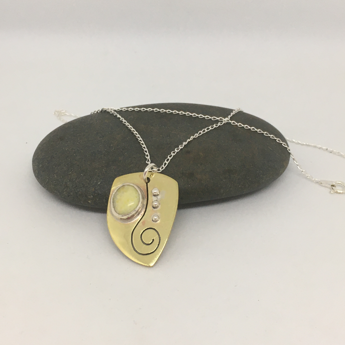Brass pendant with Serpentine stone and sterling silver, sterling silver chain