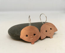 Load image into Gallery viewer, handcrafted handcut copper earrings, designed and created as wearable art. Handmade sterling silver ear hooks. Boy/Girl theme design
